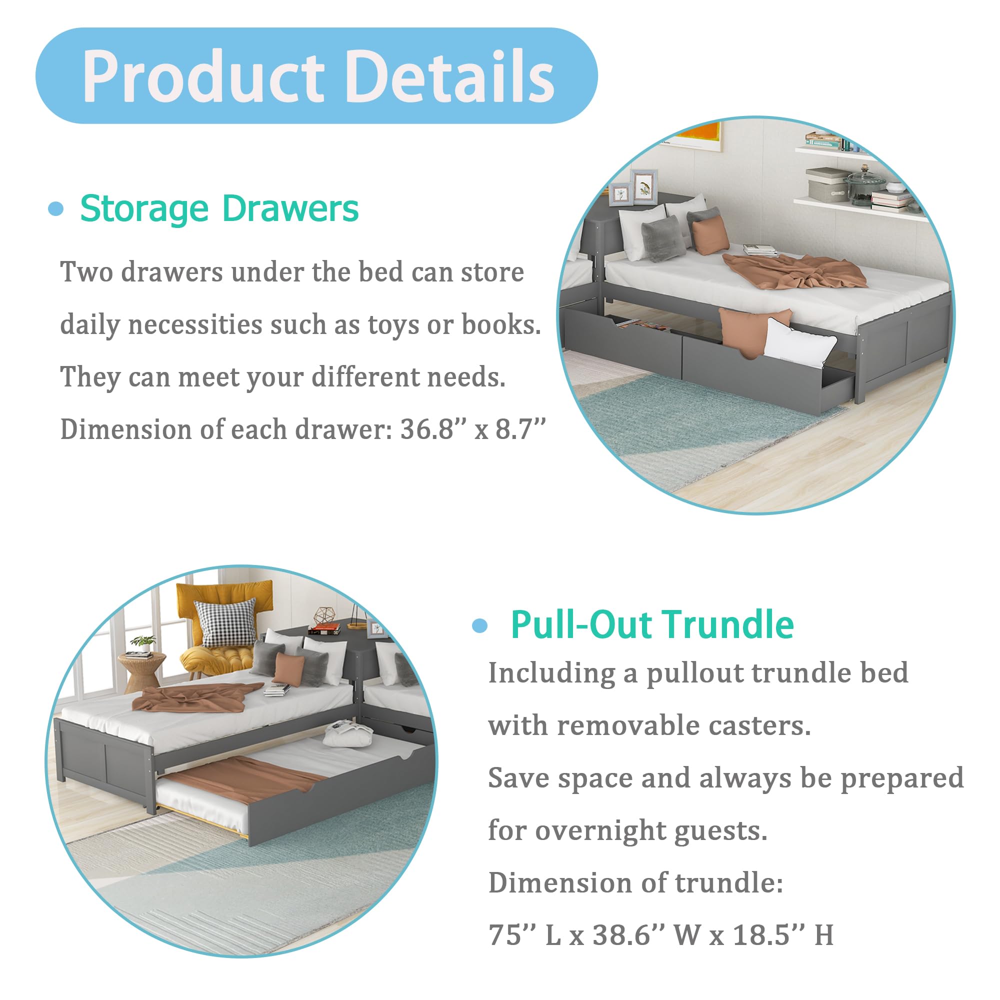 Twin L-Shaped Storage Daybed with Trundle & Drawers - Convertible Sofa Bed for Living Room, Bedroom, Guest Room (Grey)