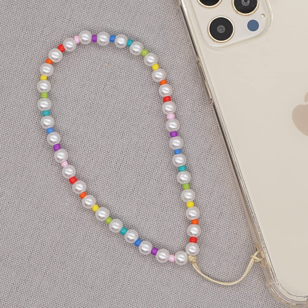 SYSUII Beaded Phone Lanyard Wrist Strap - Smiley Face Rainbow Beaded Phone Charm for Women & Girls - Anti-Lost Phone String for iPhone 12, Samsung, Camera & Keys - Perfect for Work, Travel & Everyday Use