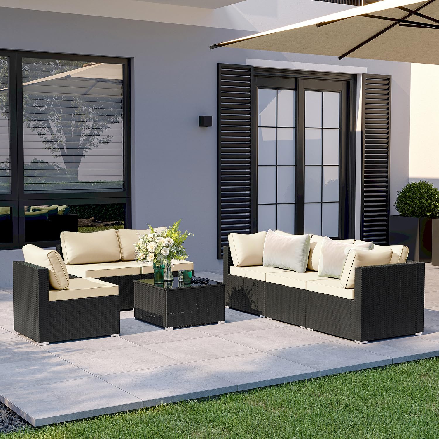 7-Piece Outdoor Patio Furniture Set - Wicker Rattan Sectional Sofa with Cushions & Glass Table, Modular Conversation Set for Porch, Poolside, Backyard, Garden - Perfect for Relaxing & Entertaining Outdoors