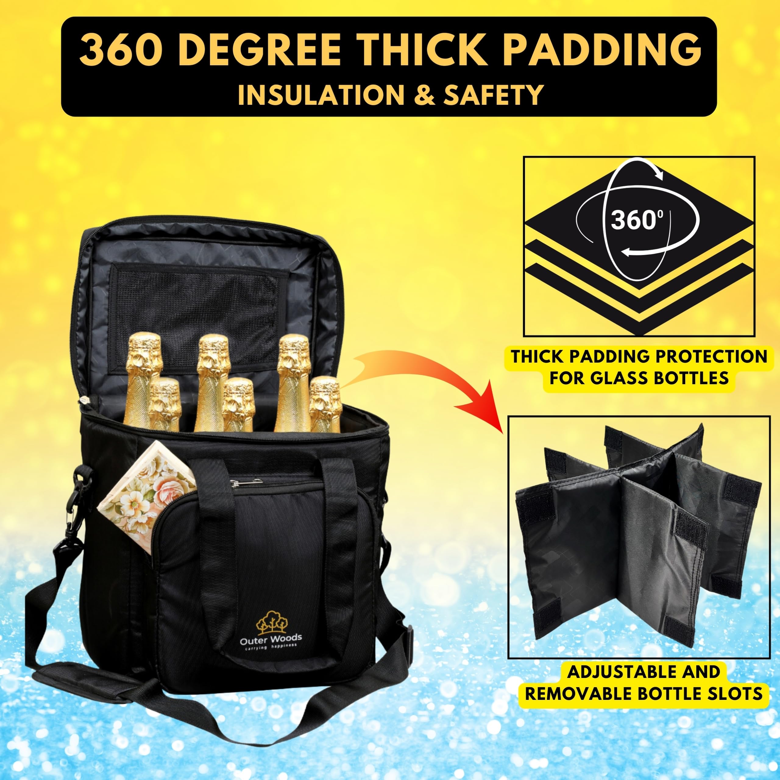 Outer Woods Insulated 6 Bottle Wine Cooler Bag with 6 Ice Gel Packs - Black | Portable Beer & Beverage Cooler for Picnics, Camping & Outdoor Parties | Fits 6 Full Size Bottles