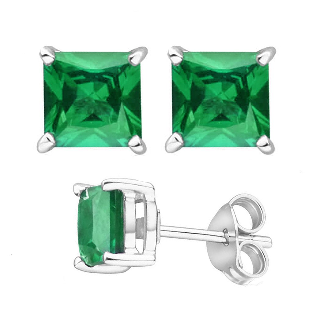 925 Sterling Silver Princess Cut Green Simulated Emerald Cubic Zirconia Stud Earrings - 2.00 Carat CZ Studs for Women, Elegant Gift for Birthday, Anniversary & Special Occasions
