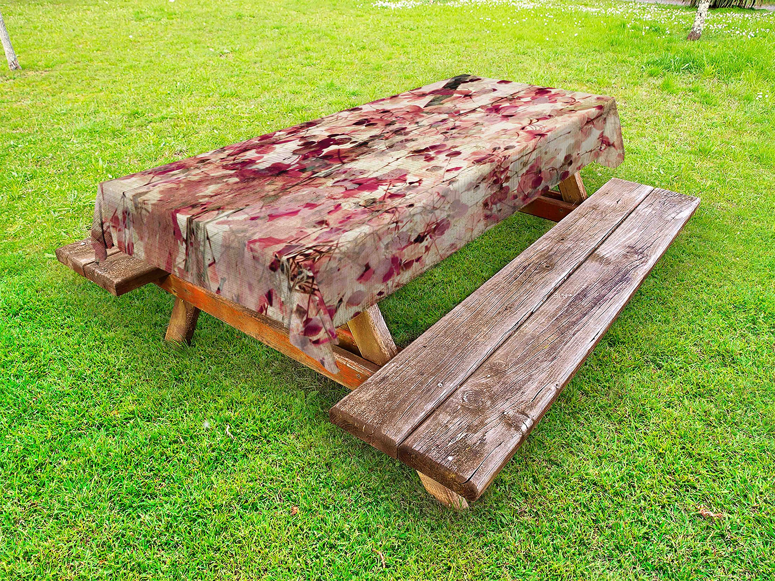 Ambesonne Vintage Floral Tablecloth - Cherry Blossom Design on Bamboo Texture, Washable Outdoor Picnic Table Cover 58x84 Inches, Pink Beige - Perfect for Garden Parties, Patio Dining & Spring Decorations