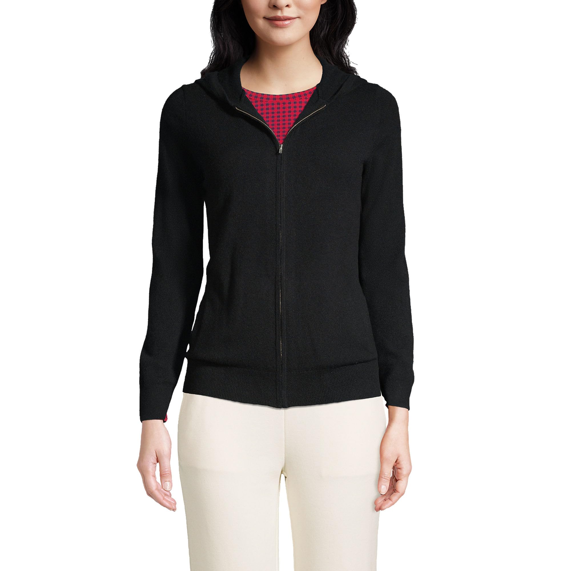Lands' End Women's Black Cashmere Front Zip Hoodie Sweater - Regular Small | Cozy Winter Wear for Casual Outings & Lounging