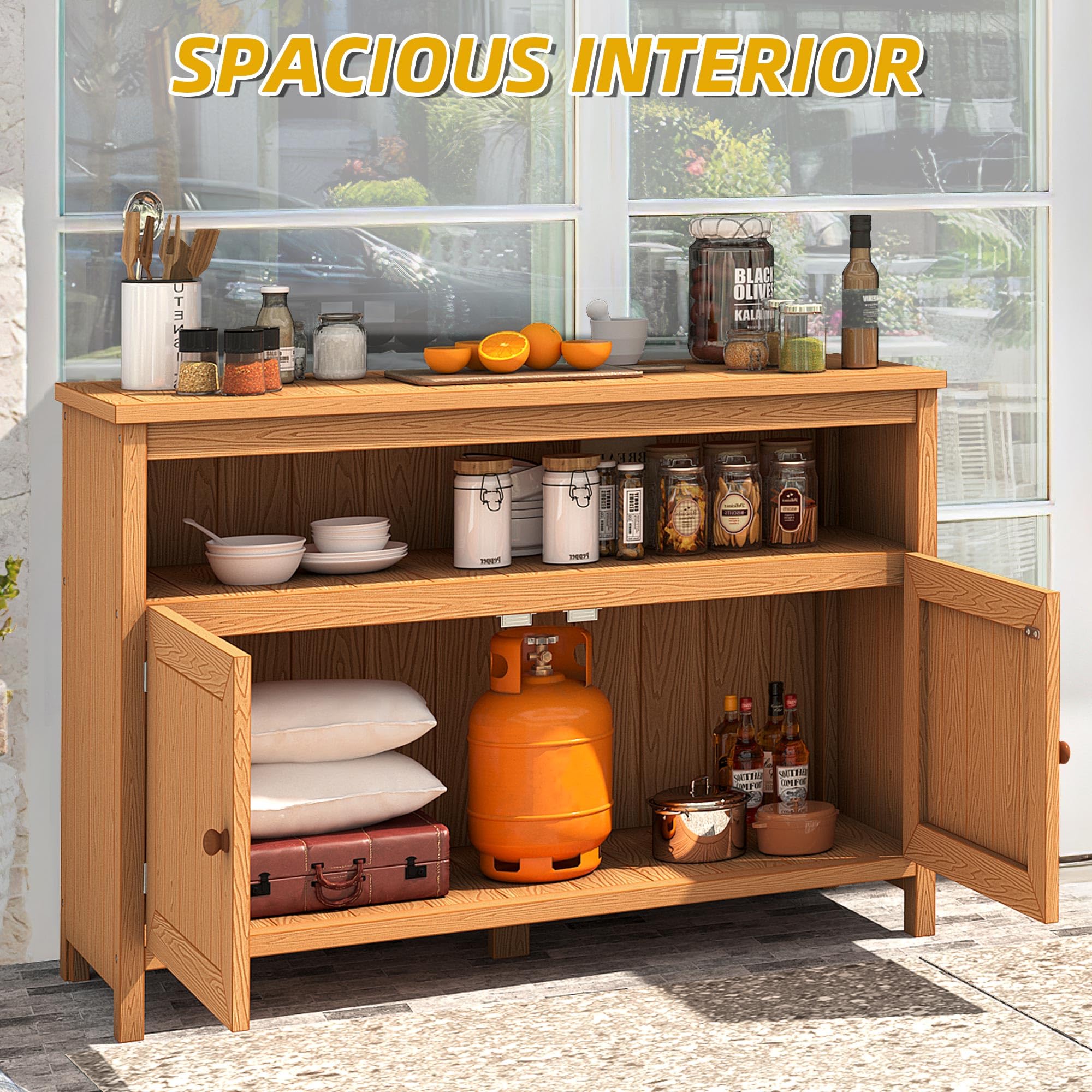 DWVO Poly Lumber Outdoor Sideboard Cabinet - Weather Resistant Patio Bar Table with Storage Shelves for Pool, Garden & Backyard - Brown - Perfect for Outdoor Entertaining and Storage