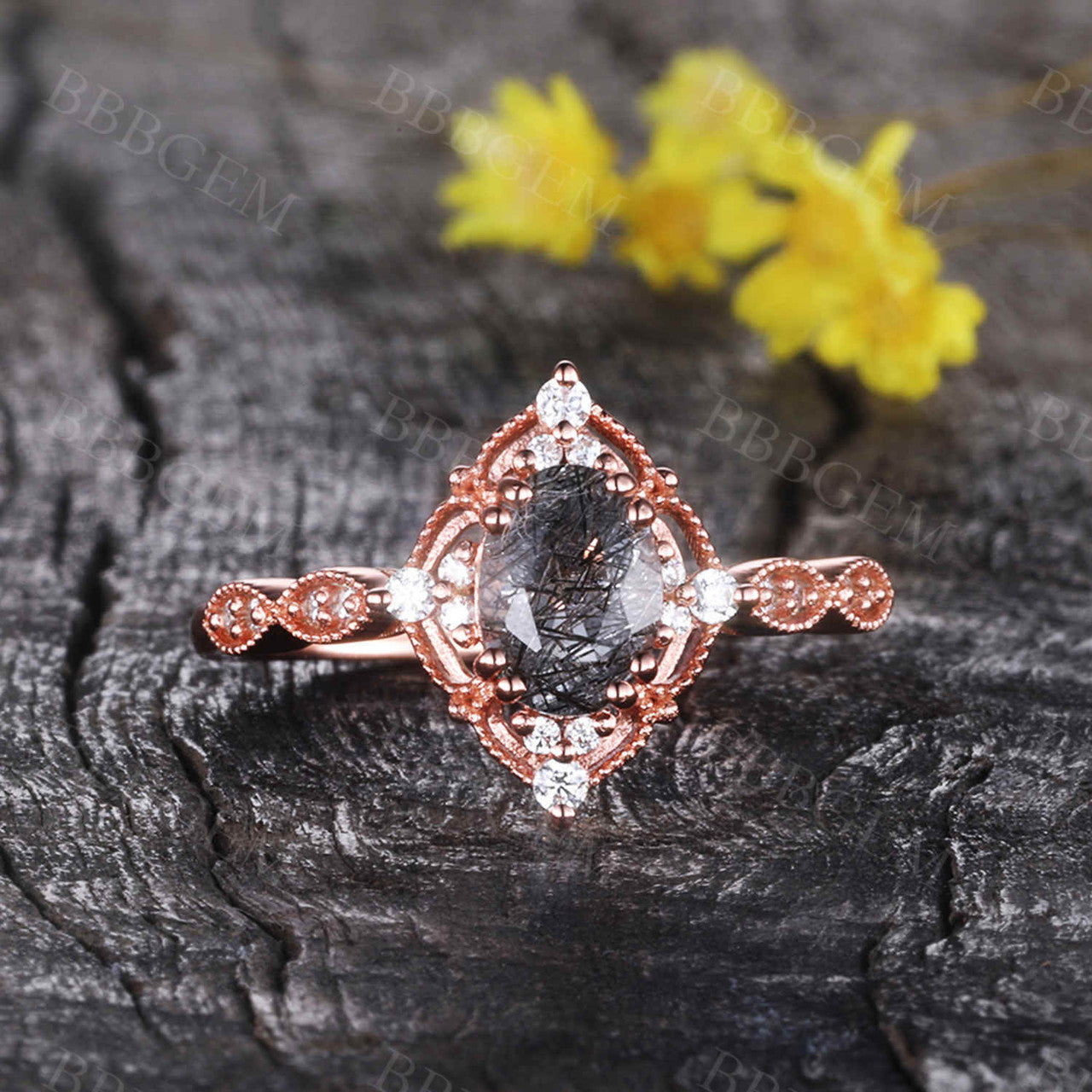 Vintage Black Rutilated Quartz 14K/18K Gold Milgrain Filigree Diamond Engagement Ring for Women - Elegant Wedding Band, Unique Bridal Jewelry Gift for Her - Perfect for Proposals, Anniversaries & Special Occasions