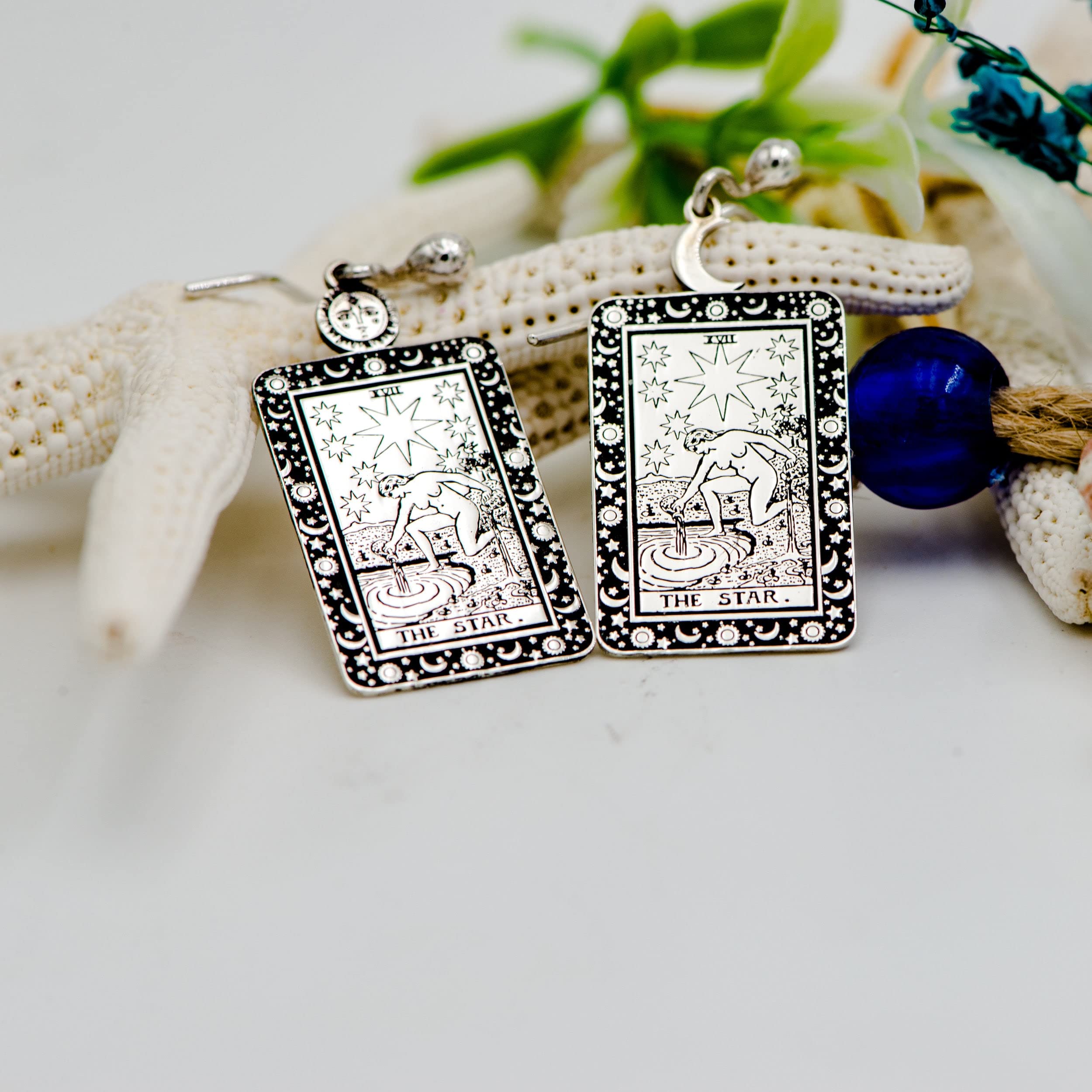 925 Sterling Silver Magic Arcana Tarot Card Earrings with Mystical Symbols - The Star Design for Women | Perfect for Wiccan Rituals, Cosplay & Boho Fashion
