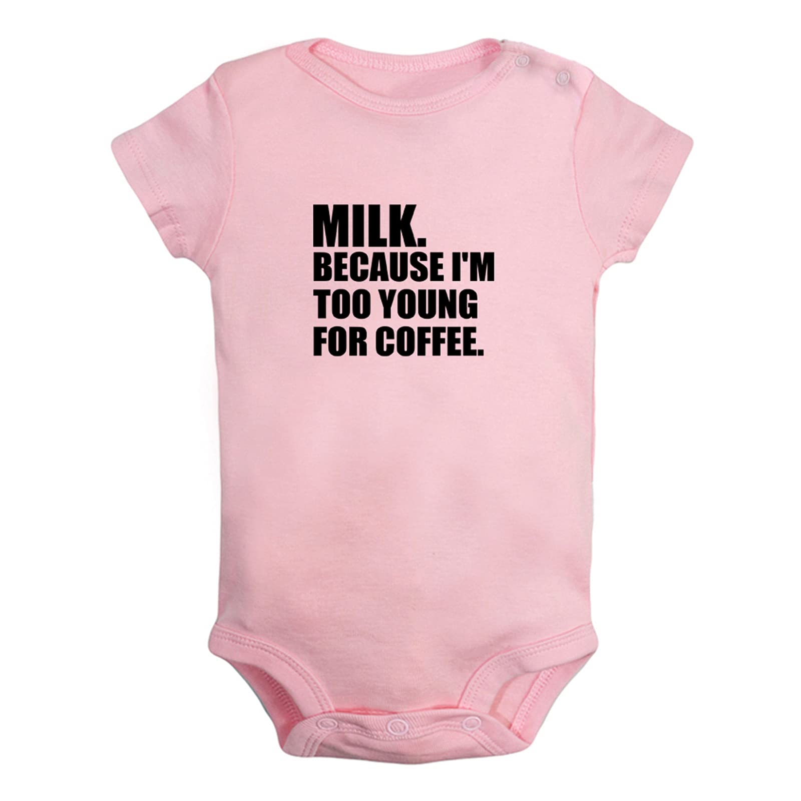Funny Baby Romper Bodysuit - 'Milk Because I'm Too Young For Coffee' Novelty Outfit for Newborns & Infants | Cute Jumpsuit for Playtime, Photo Shoots & Everyday Wear