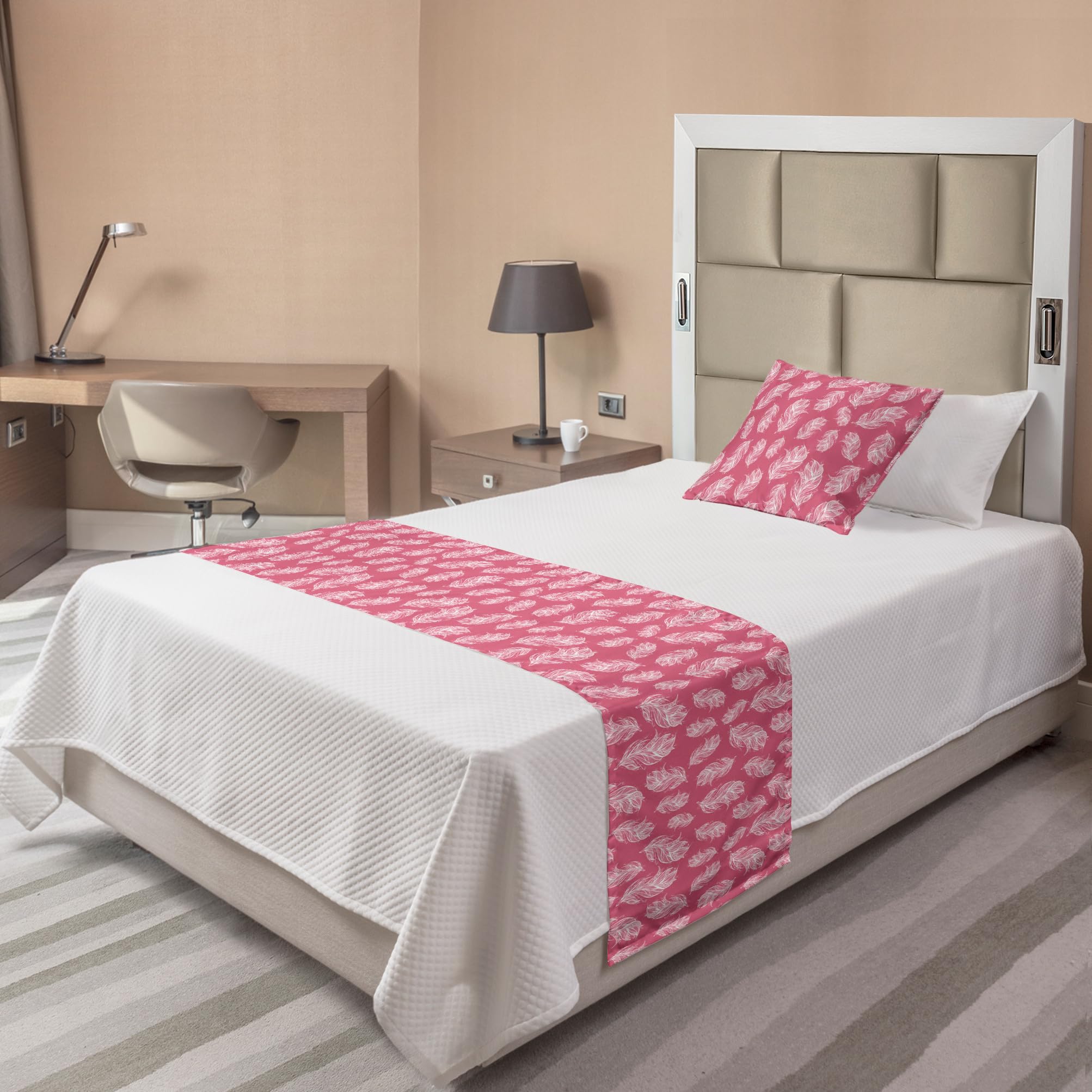 Ambesonne Bohemian Bed Runner Set with Abstract Feather Design - Twin Size Pastel Pink & White - Decorative Bedding Scarf & Pillow Sham for Home, Hotel, Wedding Decor - Perfect for Boho Chic Bedroom, Guest Room & Airbnb Styling