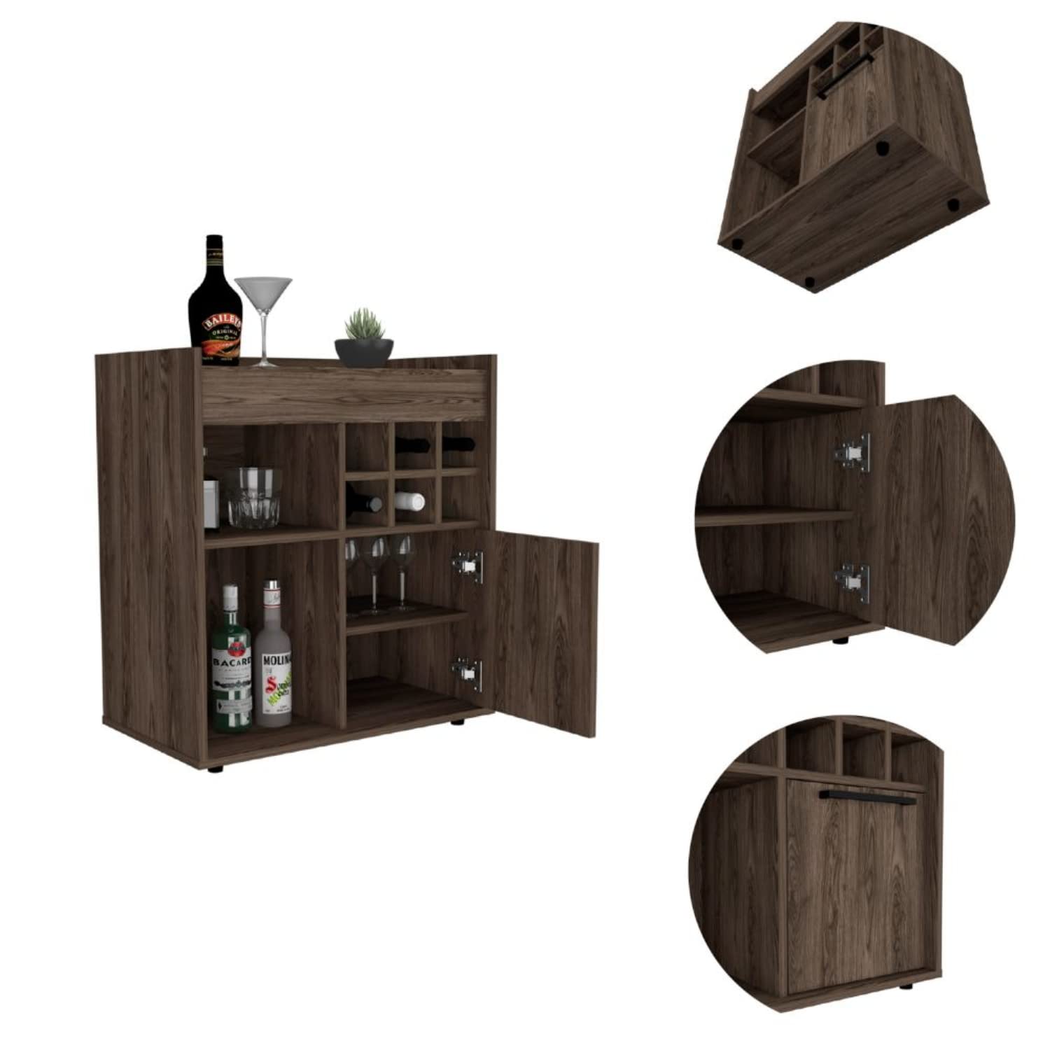 29 Inch Bar Coffee Cart with 6 Bottle Racks & Wood Door Storage Shelf - Dark Walnut Kitchen or Living Room Cabinet for Glasses, Snacks & Wine Storage - Perfect for Home Bars, Entertaining & Small Space Organization