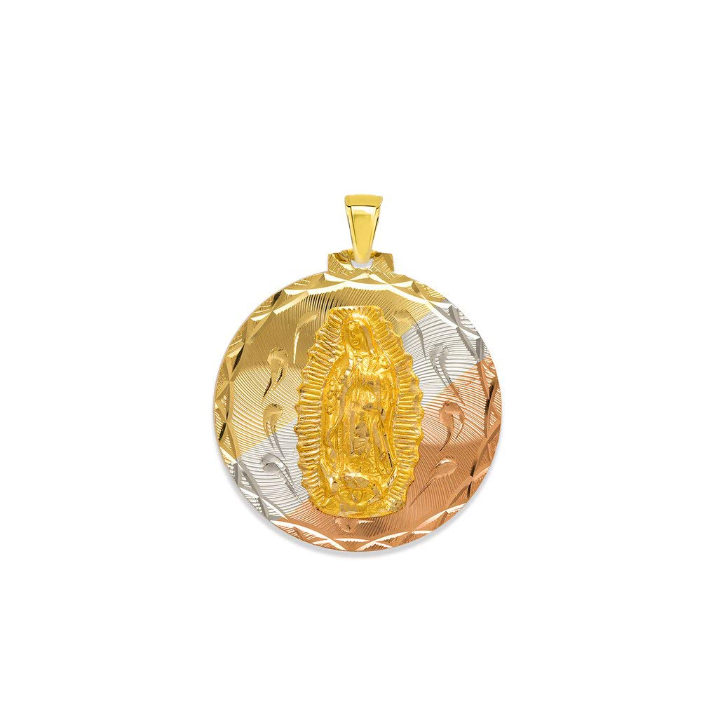 14K Gold Tricolor Round Guadalupe & Sacred Heart Two-Sided Catholic Pendant Necklace - Religious Jewelry for Women & Men, 27mm - Perfect for Baptism, First Communion & Spiritual Protection Gifts