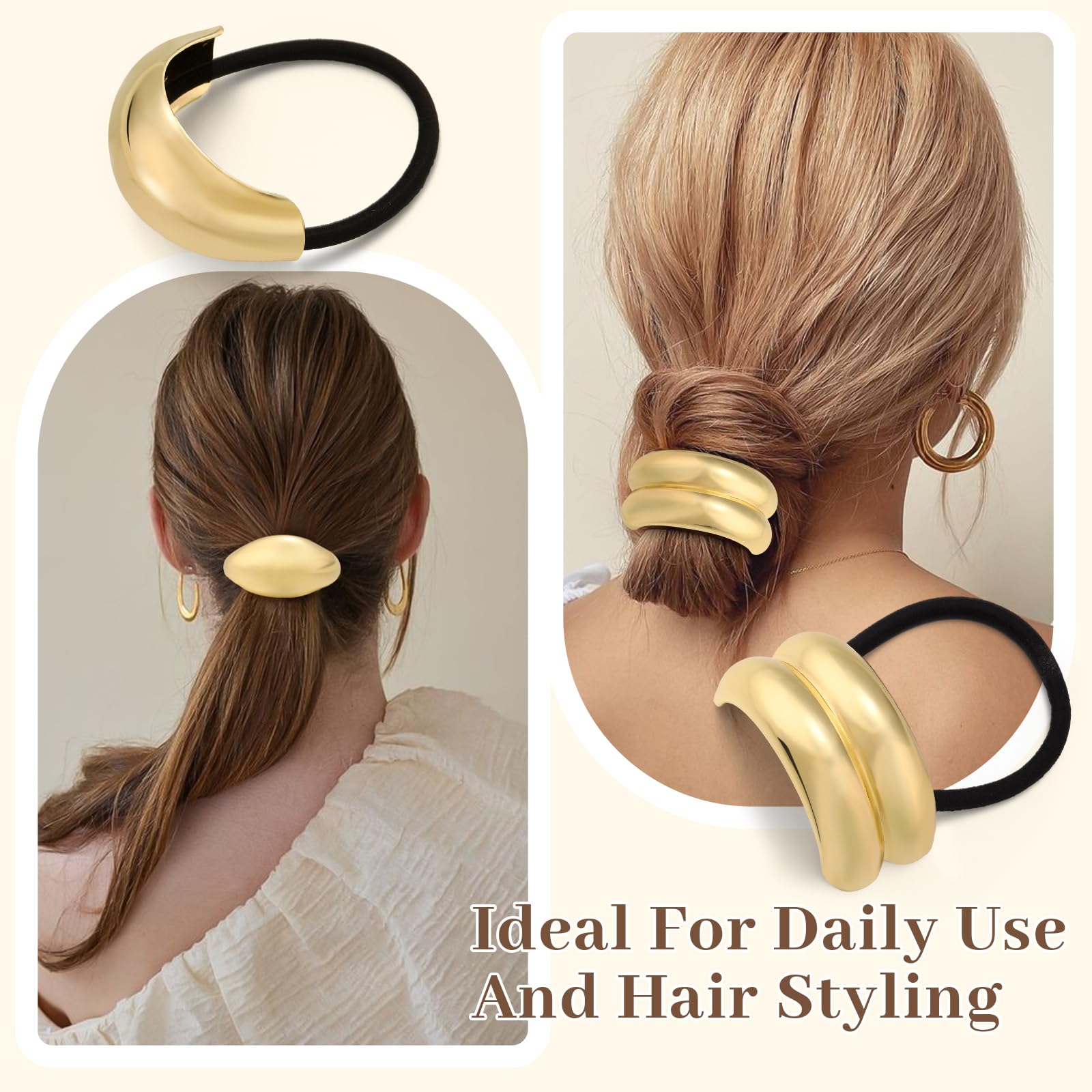 4PCS Gold Metal Hair Ties for Thick Hair - No Damage Geometric Hair Accessories for Women, Elastic Ponytail Holders - Perfect for Holiday Gifts, Parties, Weddings & Everyday Styling