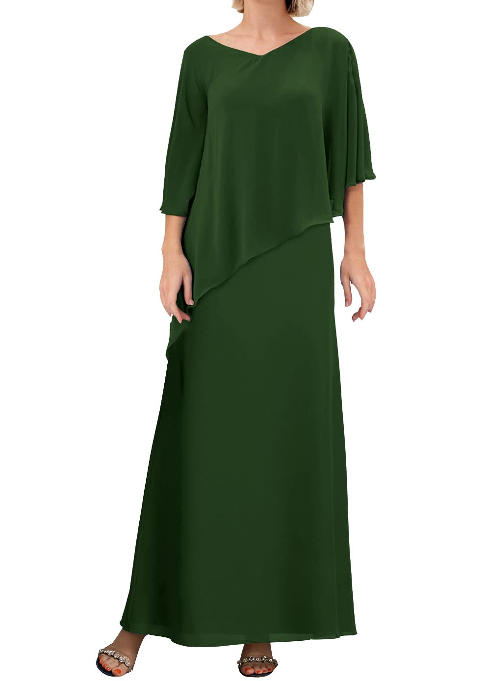 Elegant Long Sleeve Chiffon Mother of The Bride Dress - V-Neck Formal Evening Gown with Tiered Skirt | Perfect for Weddings, Galas & Special Occasions