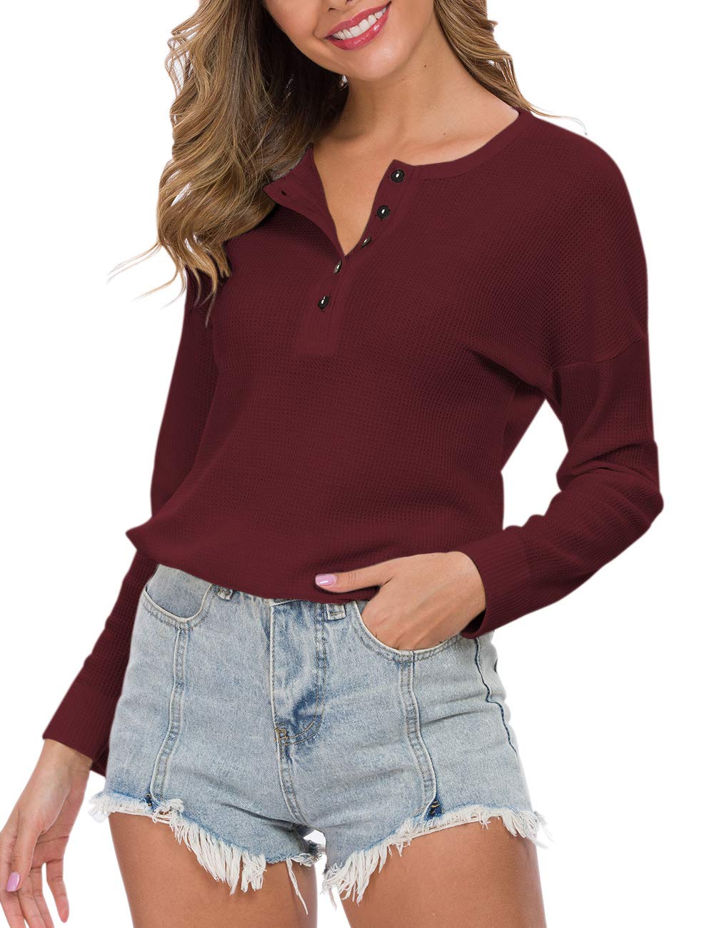WNEEDU Women's Waffle Knit Tunic Top - Loose Fit Long Sleeve Button Up V-Neck Henley Shirt for Casual Wear, Office & Fall Outfits