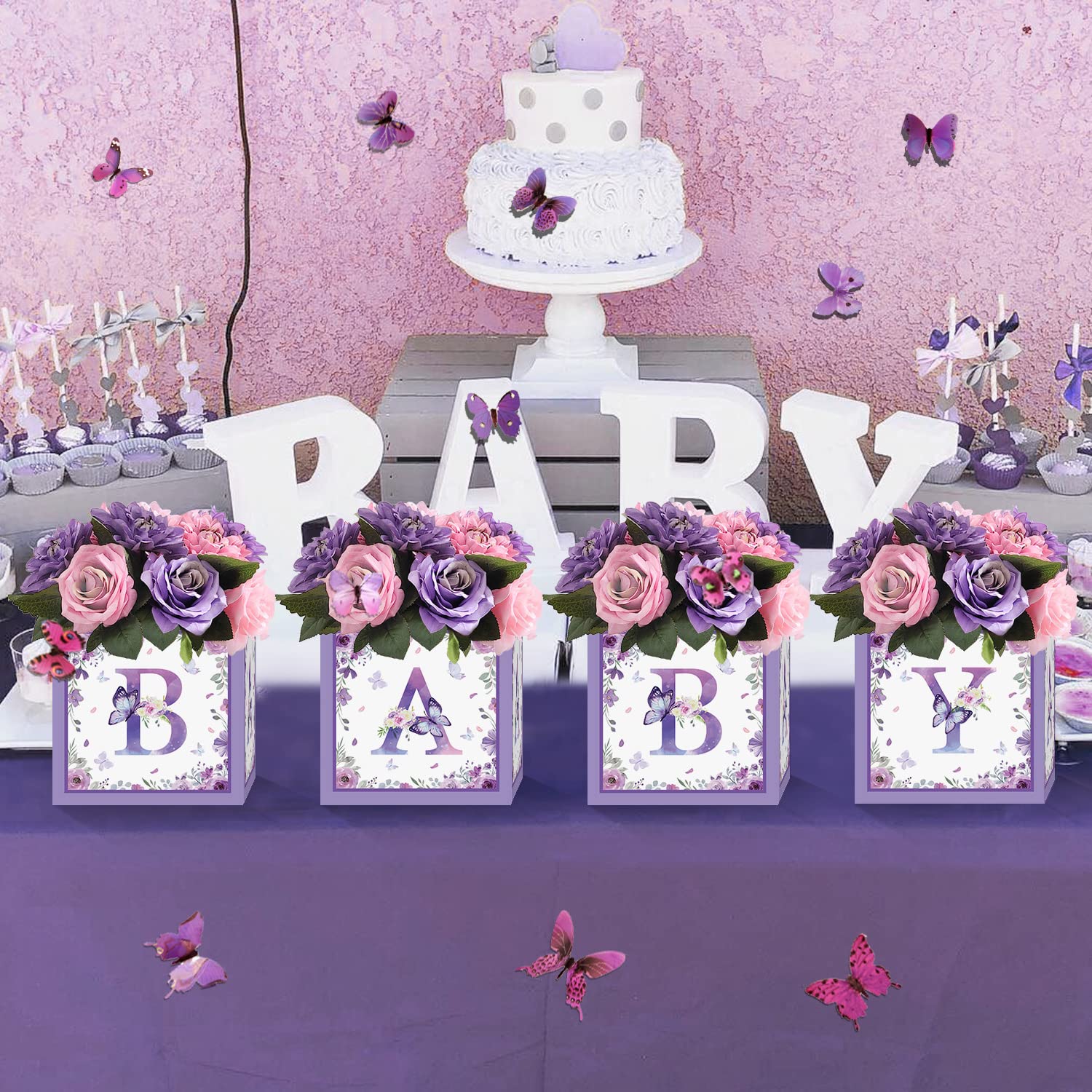 Purple Butterfly Baby Shower Decor Boxes - 4pc Gender Reveal & Birthday Centerpieces for Party Decorating