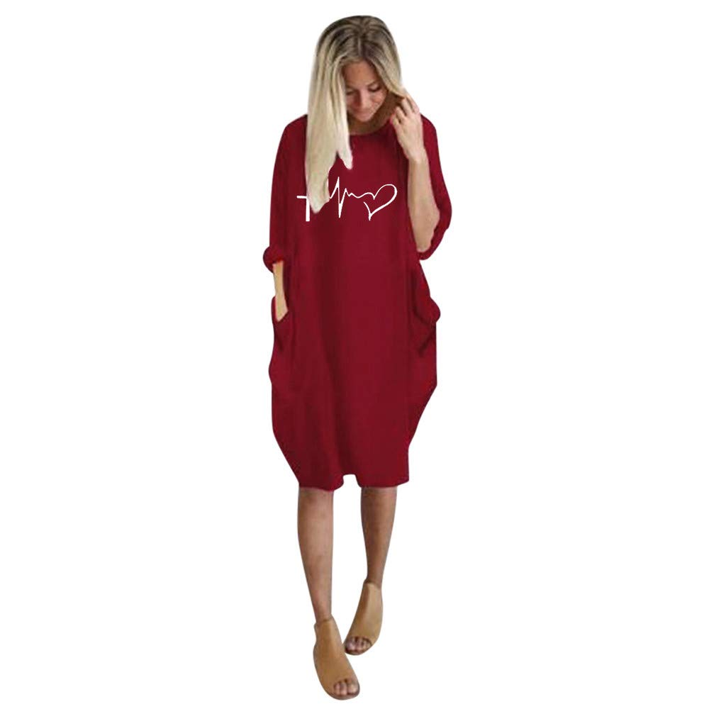 Women's Summer Long Sleeve Loose Casual Dress with Pockets - Crew Neck Flowy Maxi Dress for Beach, Vacation & Everyday Wear - Plus Size Available