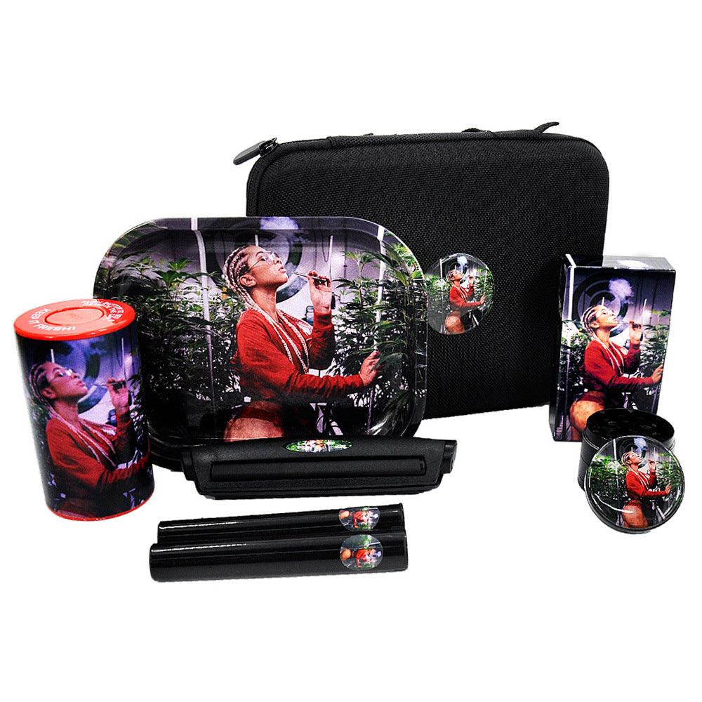 8-Piece Metal Tobacco Rolling Kit with Tray & Plastic Herb Container - Zinc Alloy Smoking Accessories for Rolling, Storing & Travel Use
