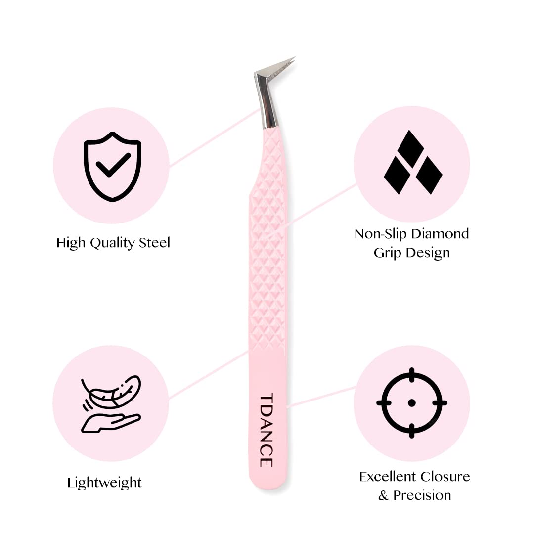 TDANCE Professional Stainless Steel Eyelash Extension Tweezers - Fiber Tip Volume Boot Lash Tweezers for Salon & Home Use (Pink T2, 1Pc) | Perfect for Volume Lashes, Classic Extensions & DIY Lash Applications