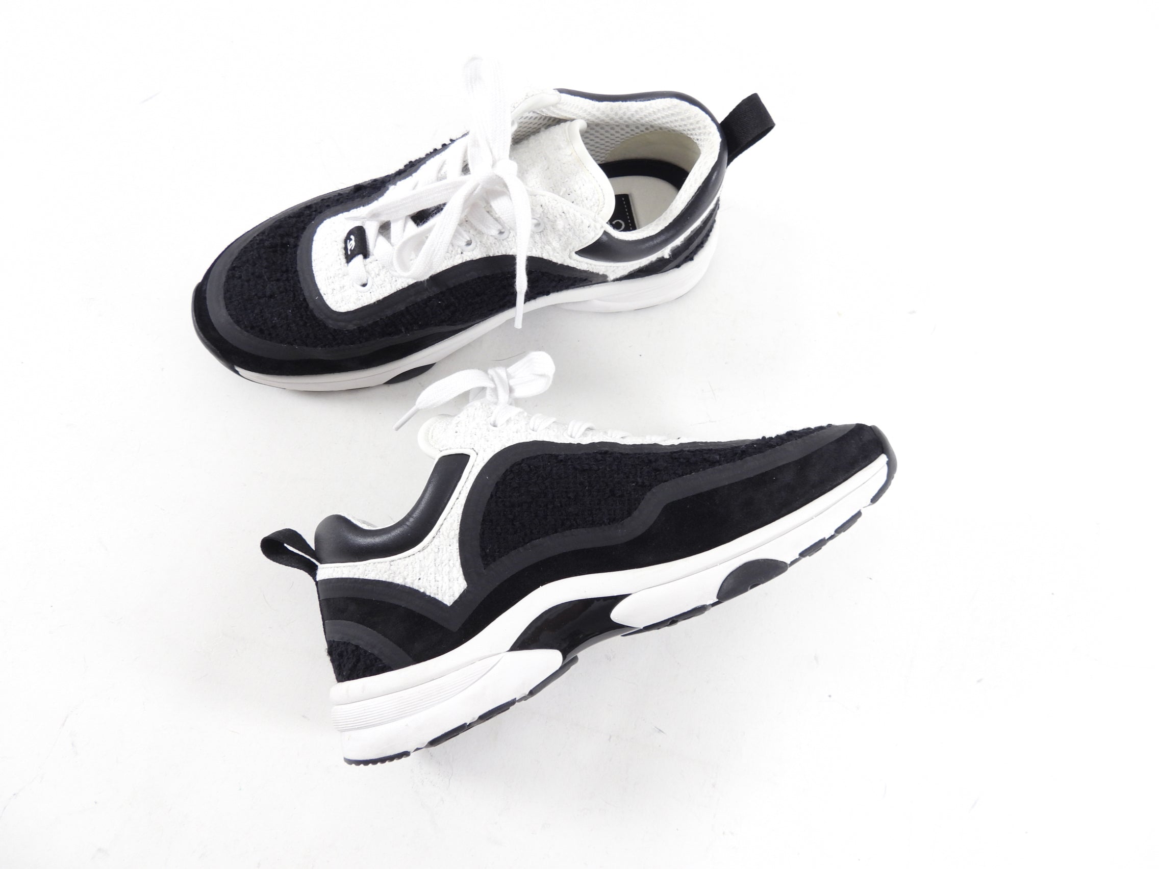 Chanel Black and White CC Logo Tweed Trainer Sneakers for Women - Size 36.5 / US 6.5 - Luxury Fashion Sneakers for Casual Wear & Street Style Outfits