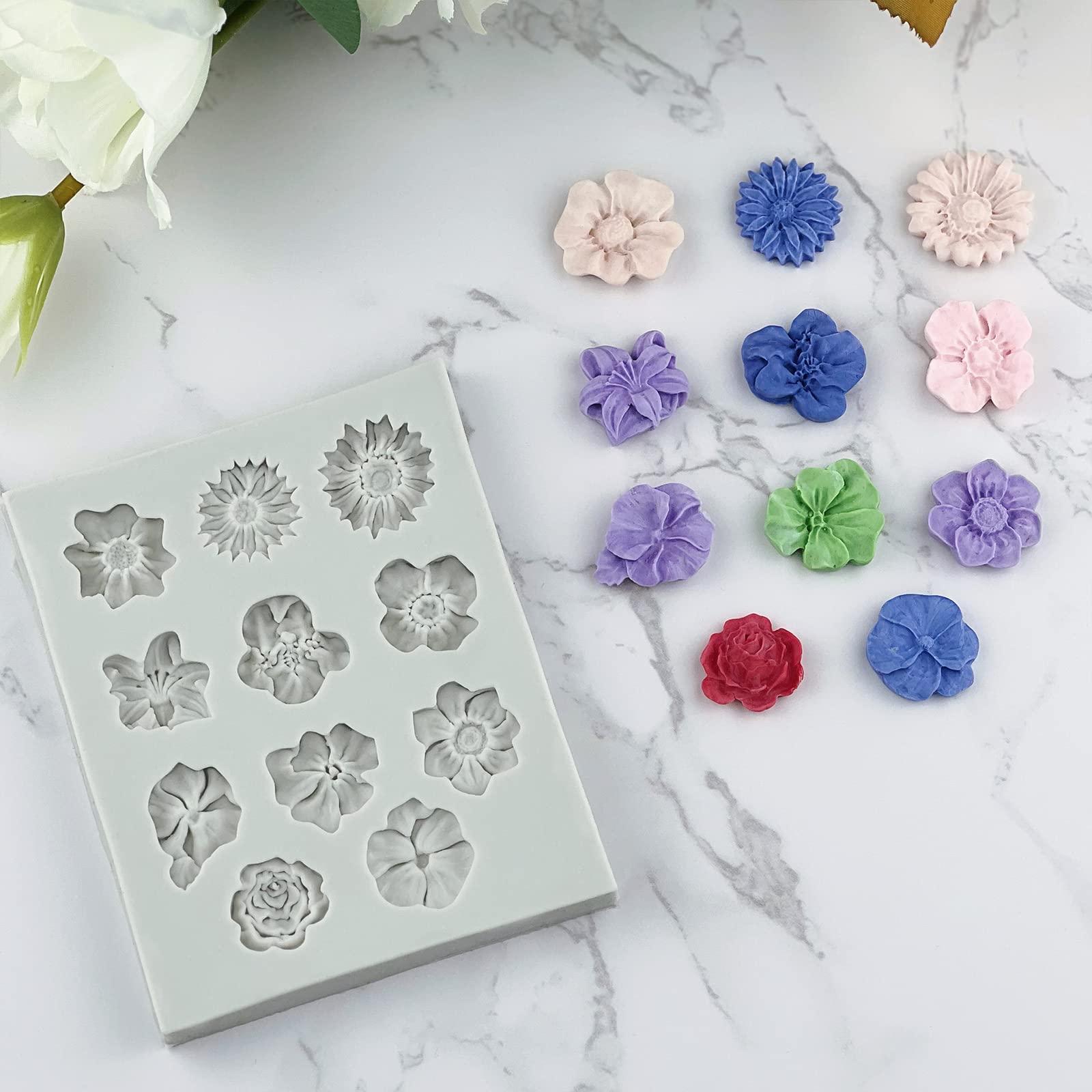 2Pcs Flower Polymer Clay Molds for Jewelry Making - Daisy Sunflower Rose Miniature Silicone Molds (11 Flowers) | DIY Earrings, Pendants & Home Decor Crafts | Perfect for Resin Art, Polymer Clay Projects & Handmade Gifts