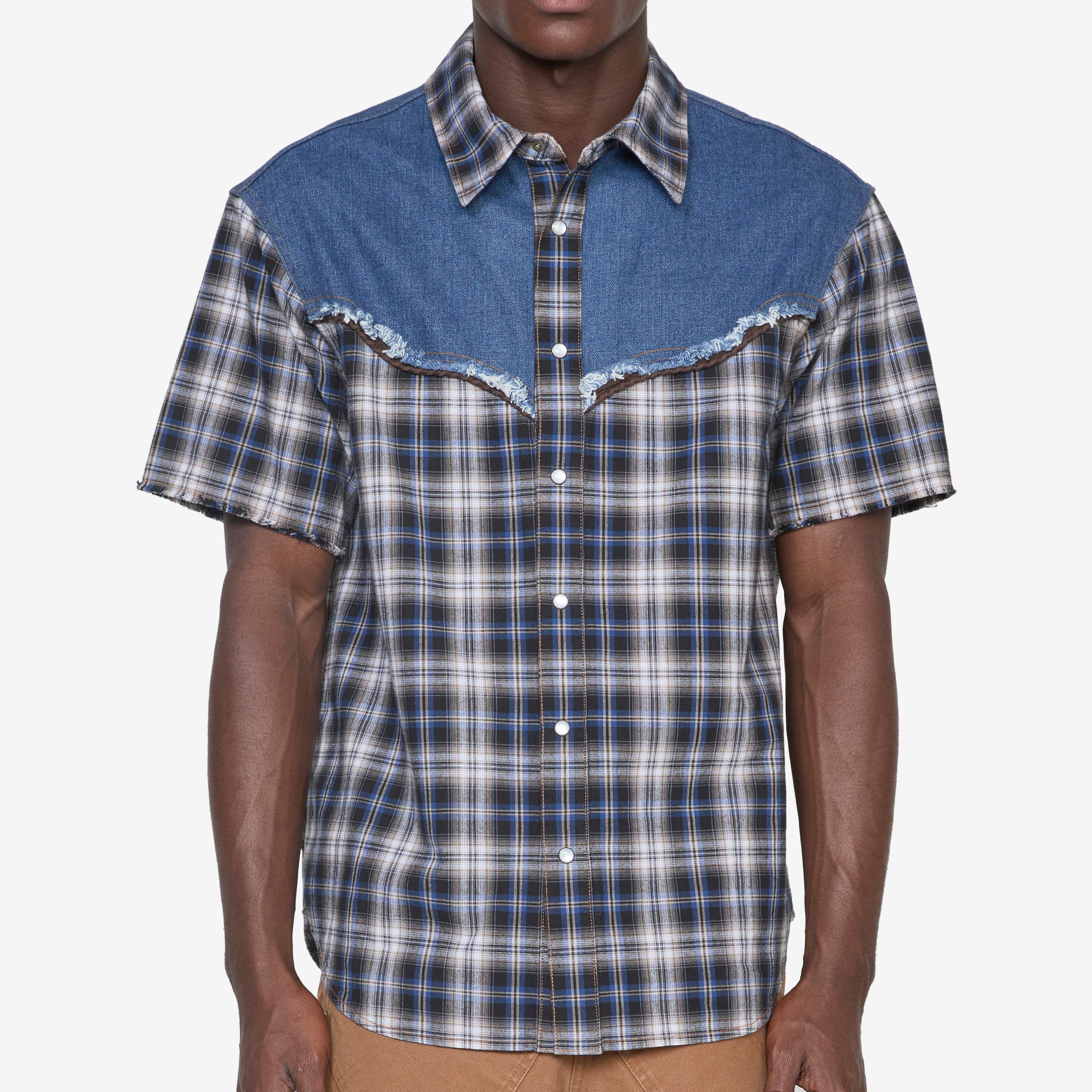Men's Denim & Check Raw Cut Shirt in Blue - Casual Button Down Shirt for Streetwear and Everyday Outfits
