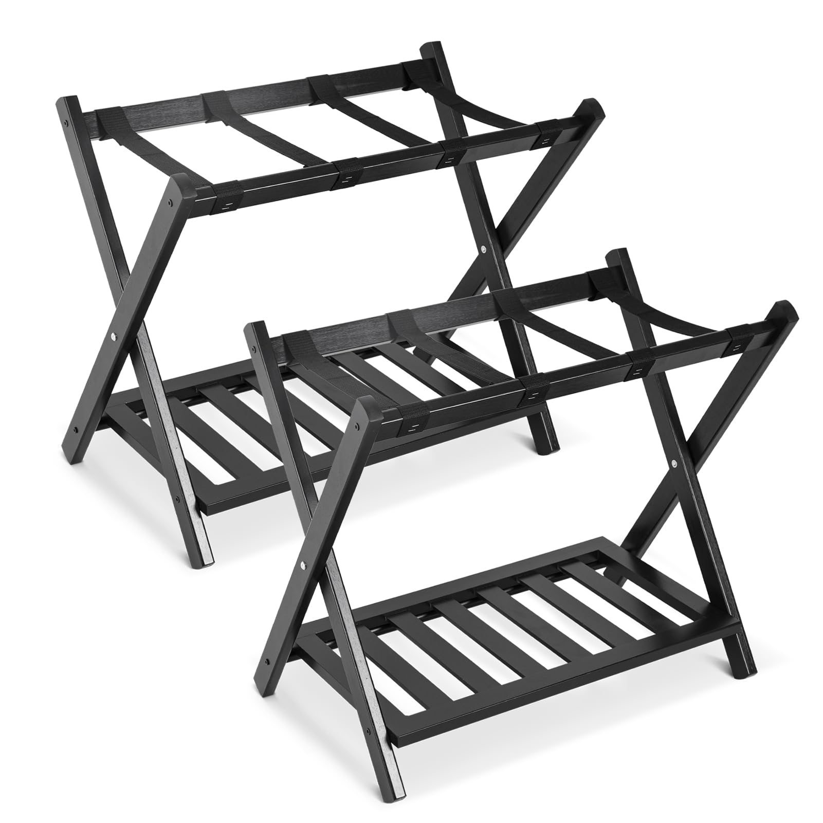 Heavy Duty Wooden Folding Luggage Rack with Shelf - 2 Tier Suitcase Stand with Nylon Belts, Space-Saving Foldable Bag Holder for Bedroom, Guest Room & Closet - 2 Pack - Perfect for Travel Storage & Suitcase Organization