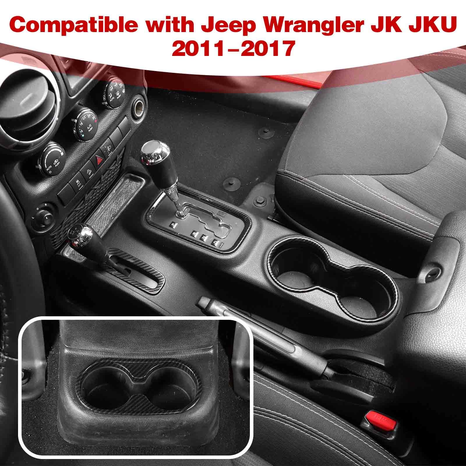 Carbon Fiber Cup Holder & Gear Shift Trim Cover for 2011-2017 Jeep Wrangler JK/JKU - Interior Accessories Set (4pcs) - Perfect for Off-Road Adventures & Daily Commuting