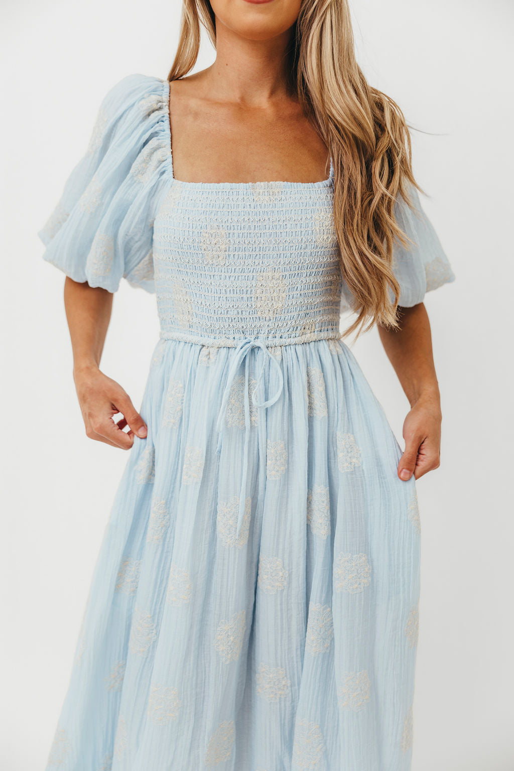 Aimee Women's Blue Floral Smocked Embroidered Midi Dress - Perfect for Summer Weddings, Garden Parties & Casual Outings