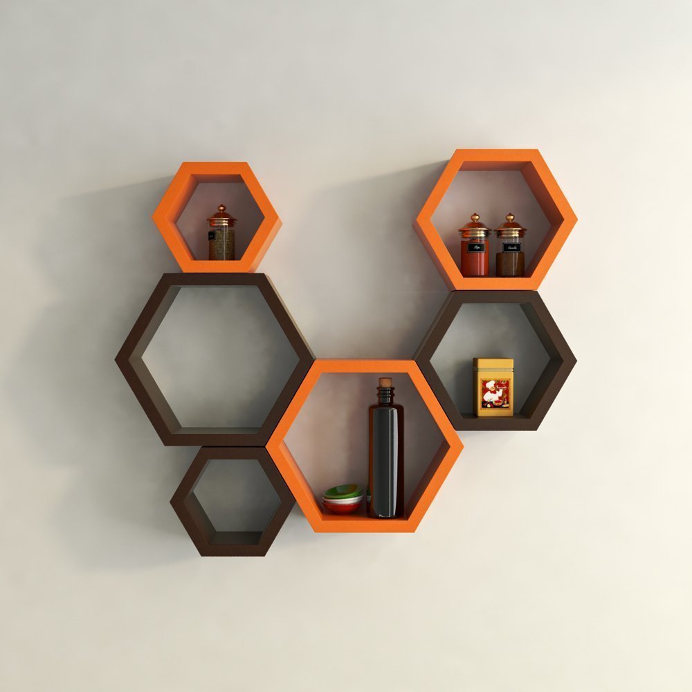 Hexagon Wooden Wall Shelf - Fleurs De Rocaille Orange & Brown Storage Rack for Home Decor, Bathroom, Kitchen & Living Room Organization