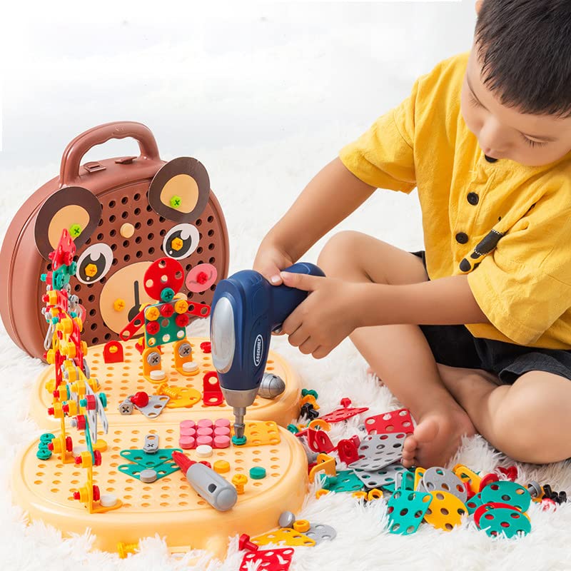 Montessori Magic Play Toolbox with Electric Drill - 204 PCS Creative Mosaic Puzzle Toy Set for Kids | STEM Learning, Fine Motor Skills Development | Perfect for Classroom & Home Educational Play