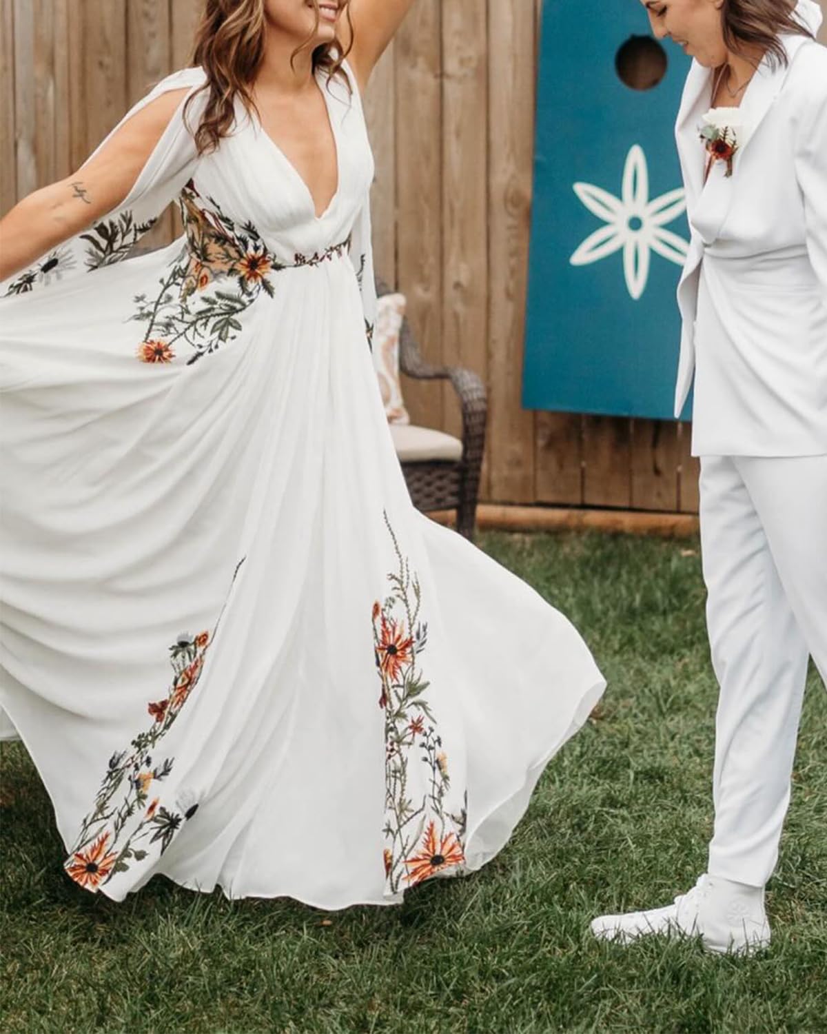 Floral Embroidered V-Neck Boho Wedding Dress for Women - Long Sleeve Lace Bridal Gown for Beach, Garden & Outdoor Ceremonies