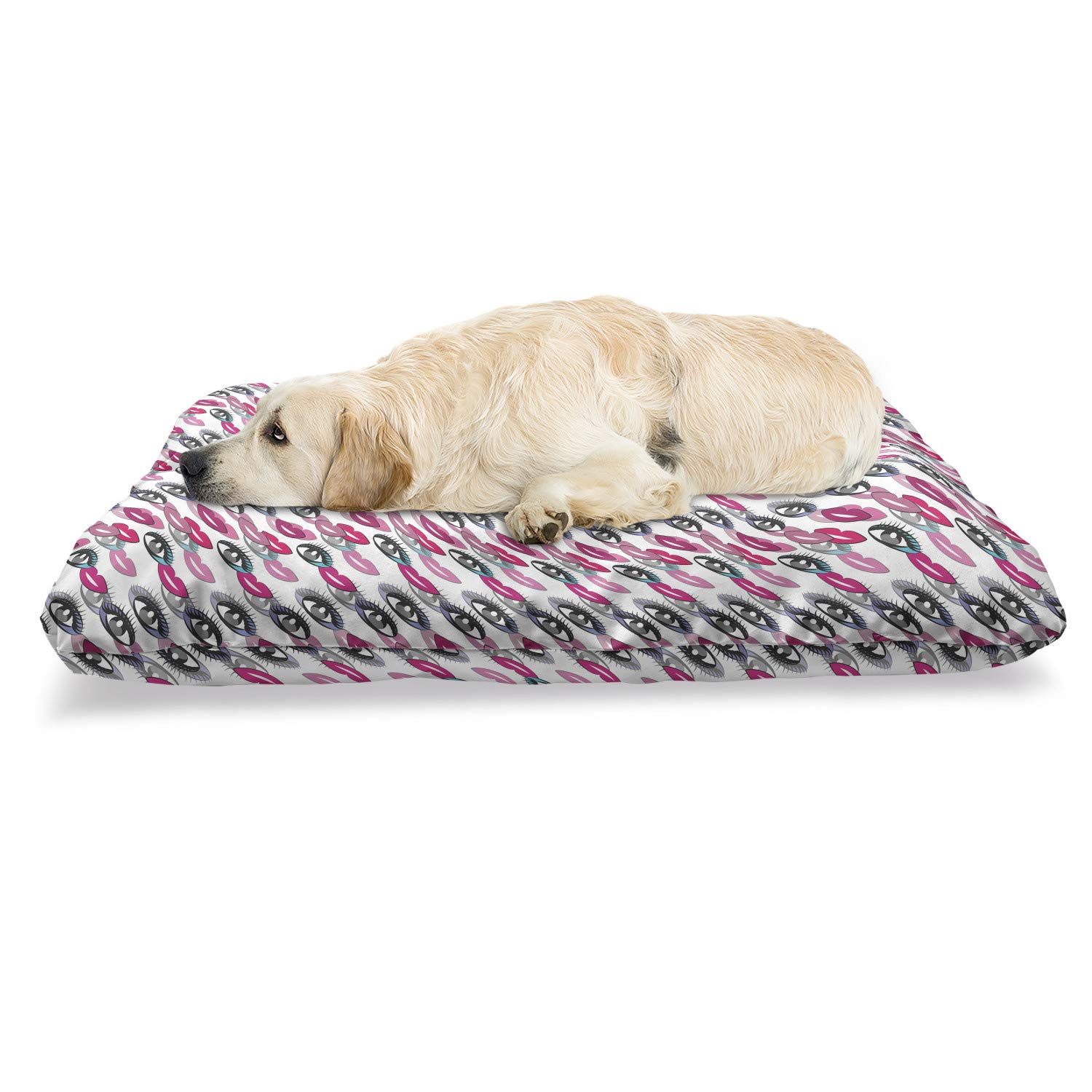 Ambesonne Feminine Pet Bed - Retro Pop Design with Women's Eyes & Lips Cosmetic Theme, Chew-Resistant Dog & Cat Cushion with Removable Cover, 24x39 Inch, Magenta & Multicolor - Perfect for Living Room, Bedroom & Pet-Friendly Spaces