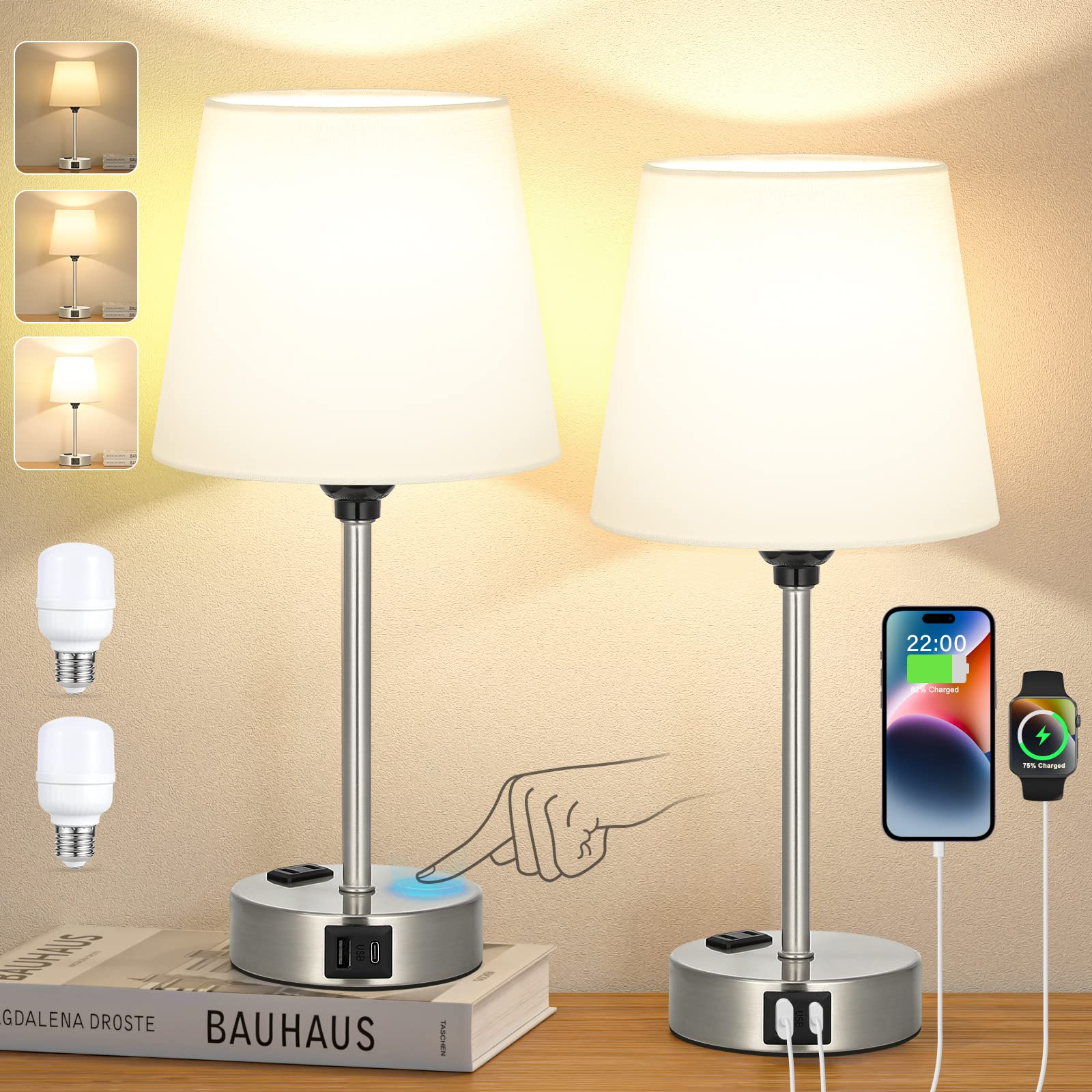 2 Pack Dimmable Touch Table Lamps with USB-C & AC Outlet - Modern Nightstand Bedside Lamps for Bedroom, Living Room, Guest Room & Kids Room - Perfect for Reading, Charging Devices & Ambient Lighting