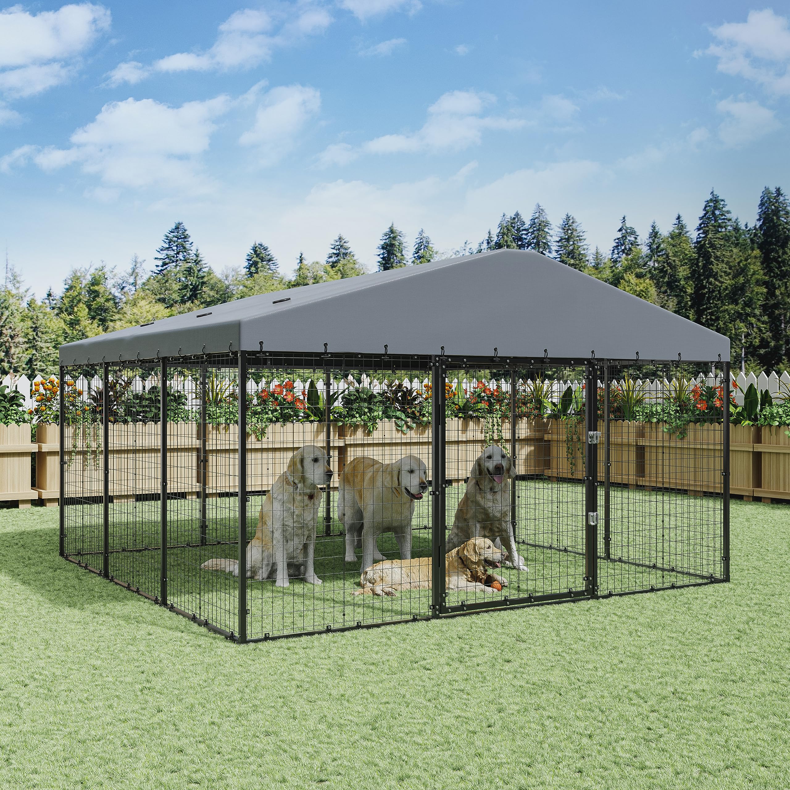 Large Heavy Duty Outdoor Dog Kennel with Roof - Galvanized Steel Dog Cage for Big Dogs, Secure Fence Pen with Ground Nails & Double Safety Rotating Door Lock - Perfect for Backyard, Kennel Training, and Pet Safety