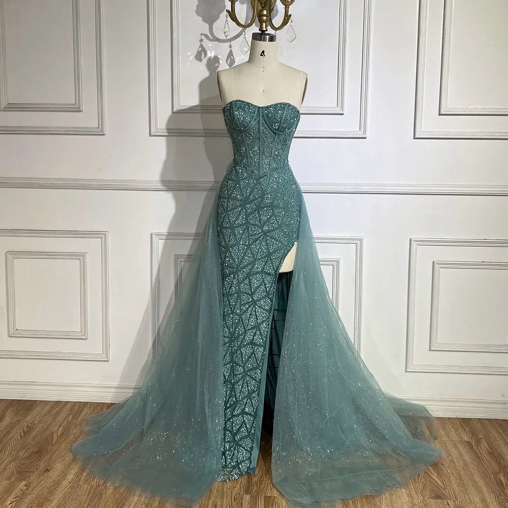 Serene Hill Arabic Turquoise High Split Mermaid Beaded Luxury Evening Gown for Women - Elegant Wedding Party Dress 2025 LA72610 | Perfect for Formal Events, Red Carpet & Special Occasions