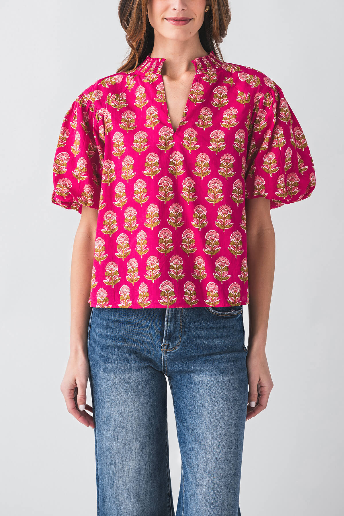 THML Scottie Puff Sleeve Floral Print Blouse - Women's Vintage Style Ruffled Top for Casual Outings & Date Nights