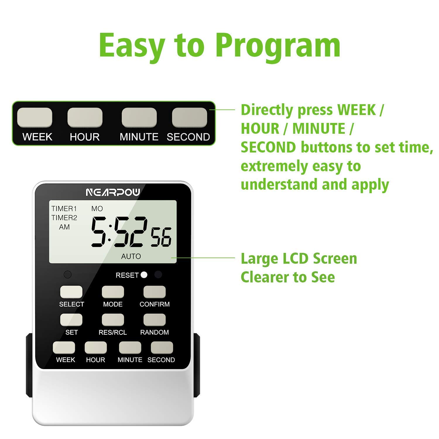 NEARPOW Dual Digital Outlet Timer with 2 Independent Controls - 15A/1800W Heavy Duty Electrical Timer Switch (3 Prong) - 24-Hour & 7-Day Programmable for Indoor Use - Perfect for Holiday Lights, Aquariums, Grow Lights & Home Automation