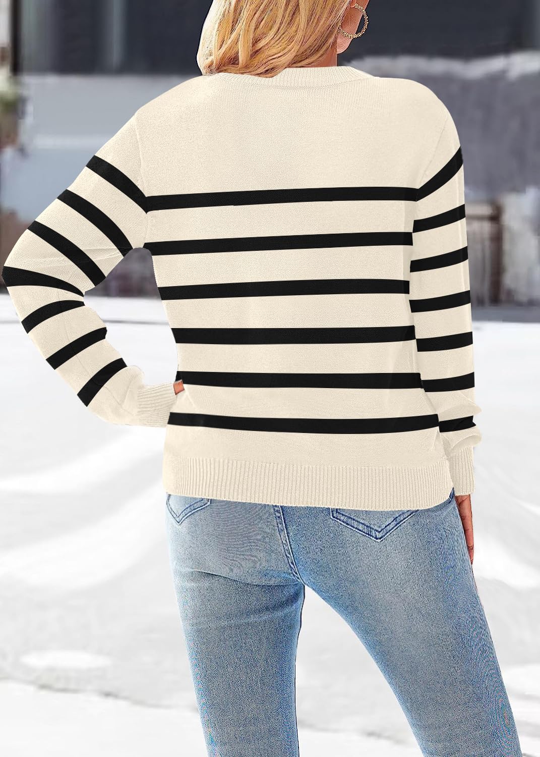 Women's Striped Ribbed Knit Pullover Sweater - Long Sleeve Crew Neck Winter Tops for 2025 Fall & Winter | Cozy Casual Wear for Office, Dates & Holiday Outfits