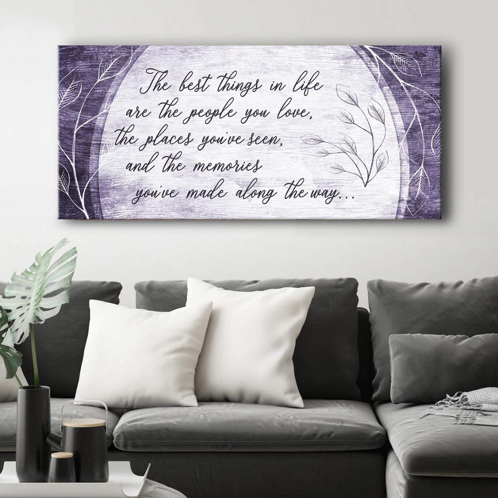 Best Things in Life Are The People You Love Quote Wood Framed Canvas Wall Art - Ready to Hang Family Home Decor Sign (Purple, 42x19 inches) - Perfect for Living Room, Bedroom & Gift Giving