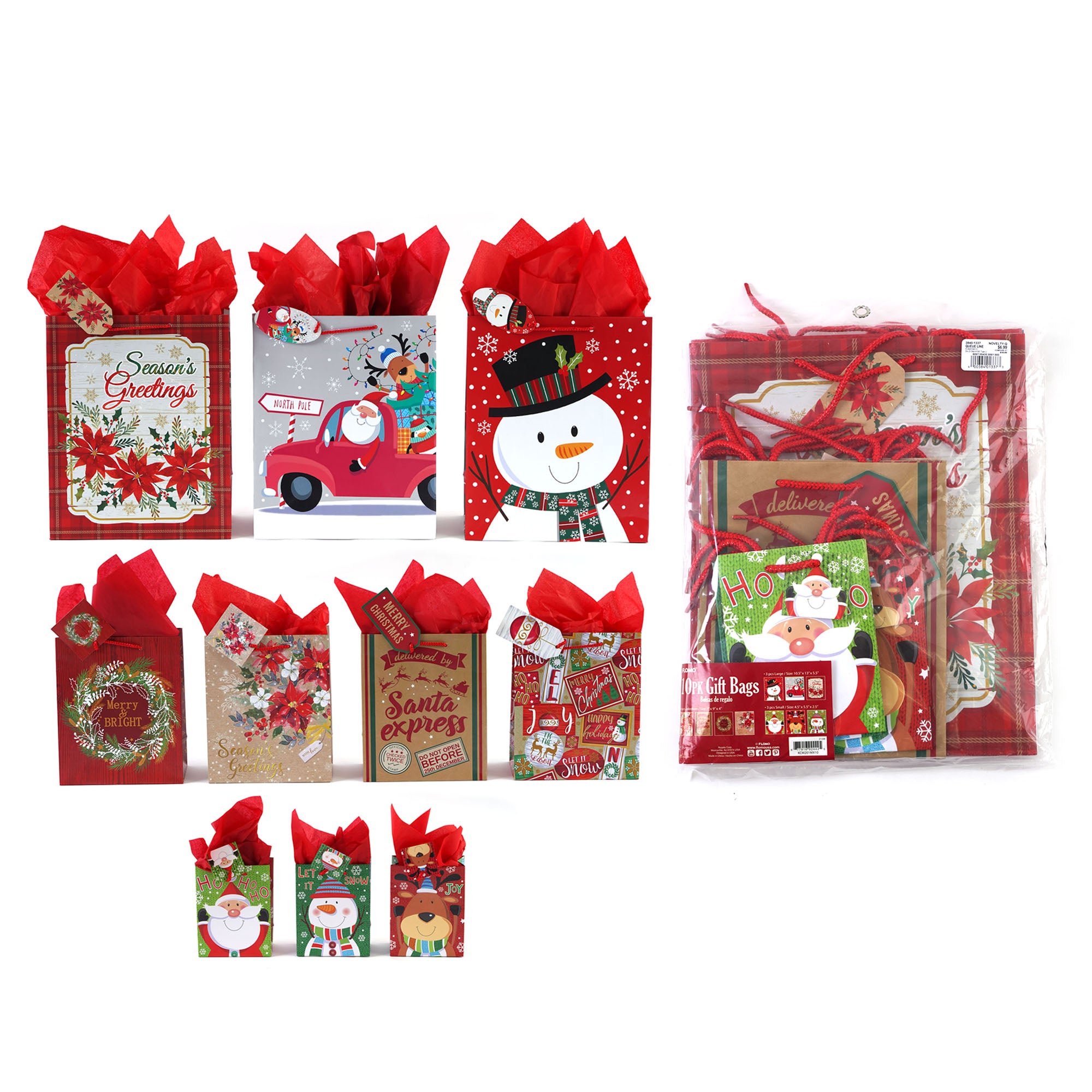 10-Pack Mixed Size (L/M/S) Christmas Printed Gift Bags - 10 Assorted Holiday Designs for Wrapping Presents, Party Favors & Stocking Stuffers