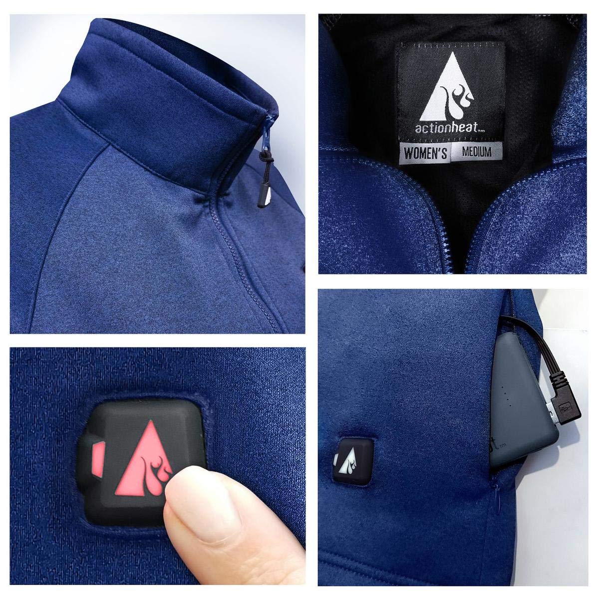 ActionHeat 5V Battery Heated 1/2 Zip Pullover Shirt for Women - 3-Zone Heating, Touch-Button Technology, Lightweight Thermal Base Layer (Blue, XS) - Perfect for Skiing, Hiking & Winter Outdoor Activities