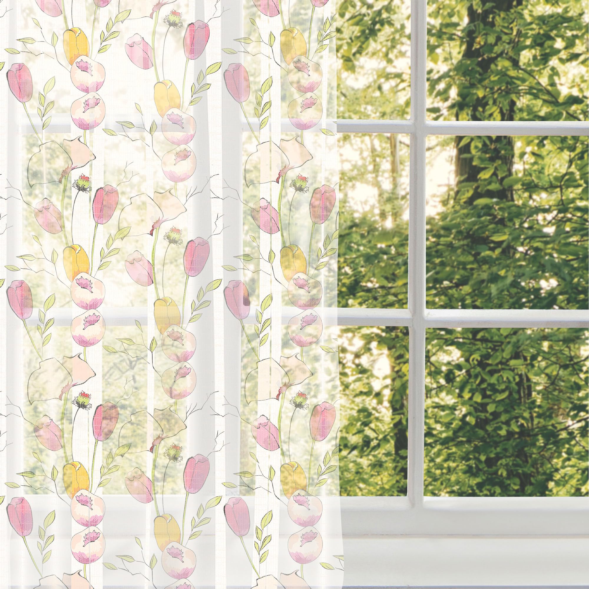 Ambesonne Floral Tulle Curtains - Tulip & Poppy Flower Sheer Drapes with Rod Pocket, 108