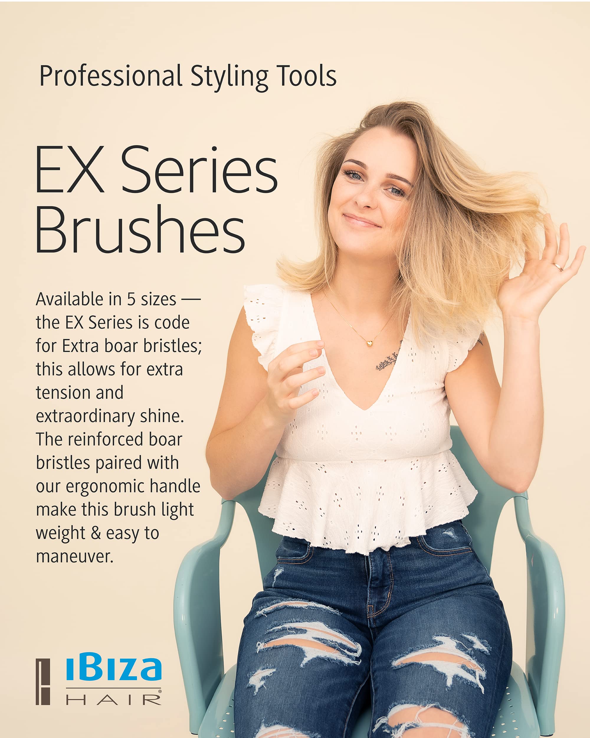 Ibiza Hair Round Boar Bristle Brush (EX Series) - Lightweight Reinforced Bristles & Cork Handle for Shine & Texture - Best for Medium to Long Hair Styling - Perfect for Salon, Home Use & Travel