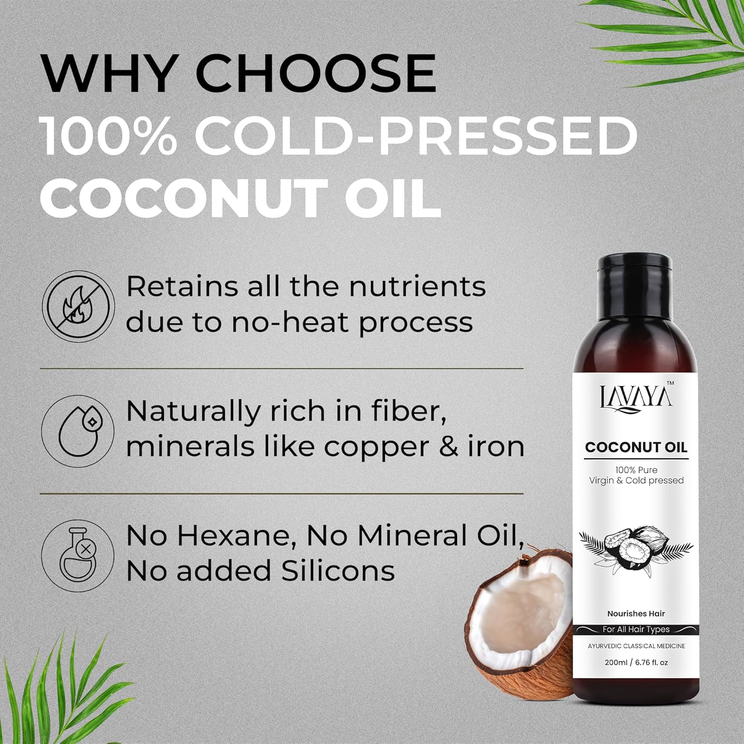 Lavaya® 100% Pure Cold Pressed Virgin Coconut Oil for Hair Growth, Scalp Treatment & Skin Moisturizing | Best Natural Dry Hair & Skin Nourishment | Perfect for DIY Hair Masks, Body Lotion & Massage (200ml)