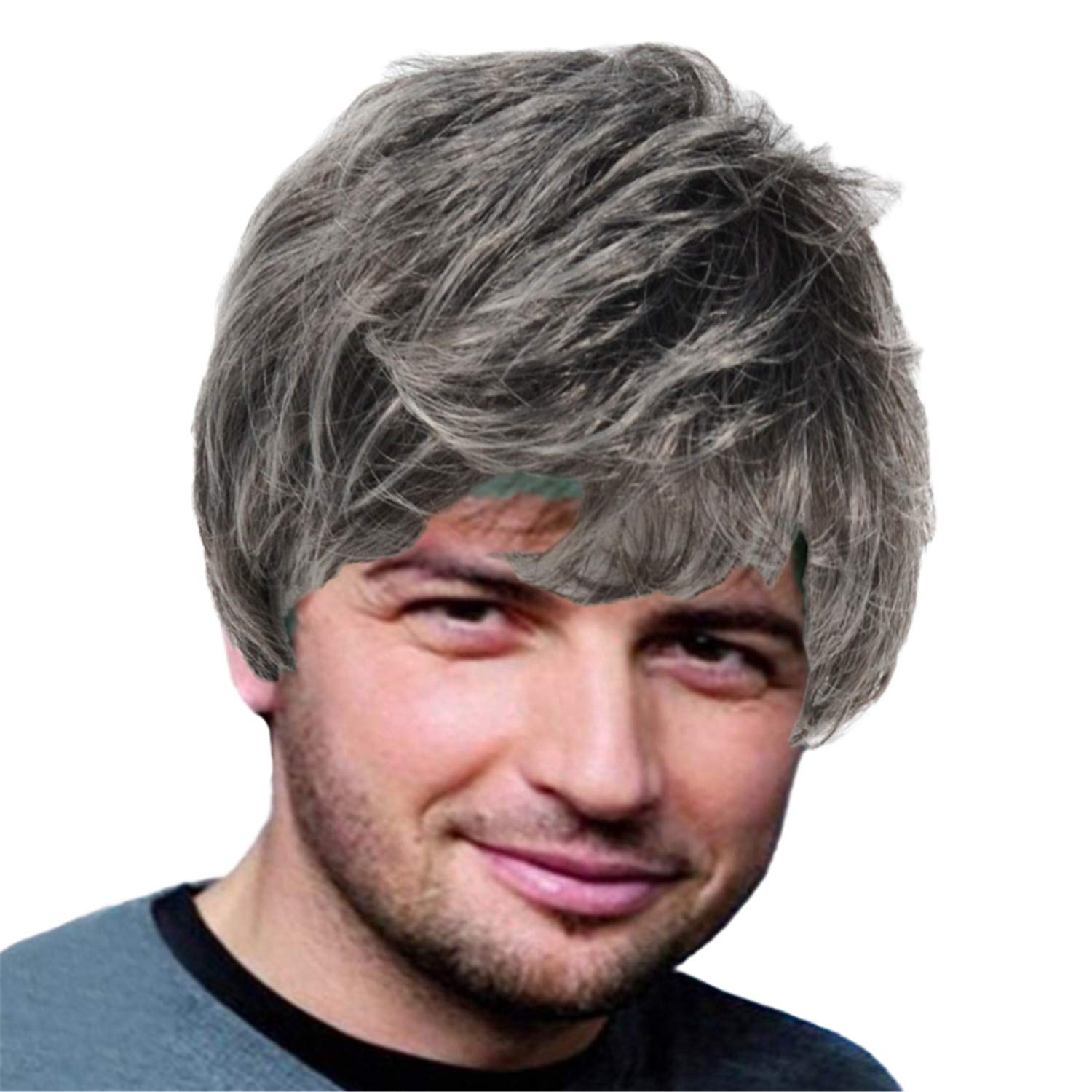 Andongnywell Men's Short Gray Synthetic Wig - Heat Resistant Halloween Costume Hairpiece with Bangs | Perfect for Cosplay, Parties, and Theatrical Performances