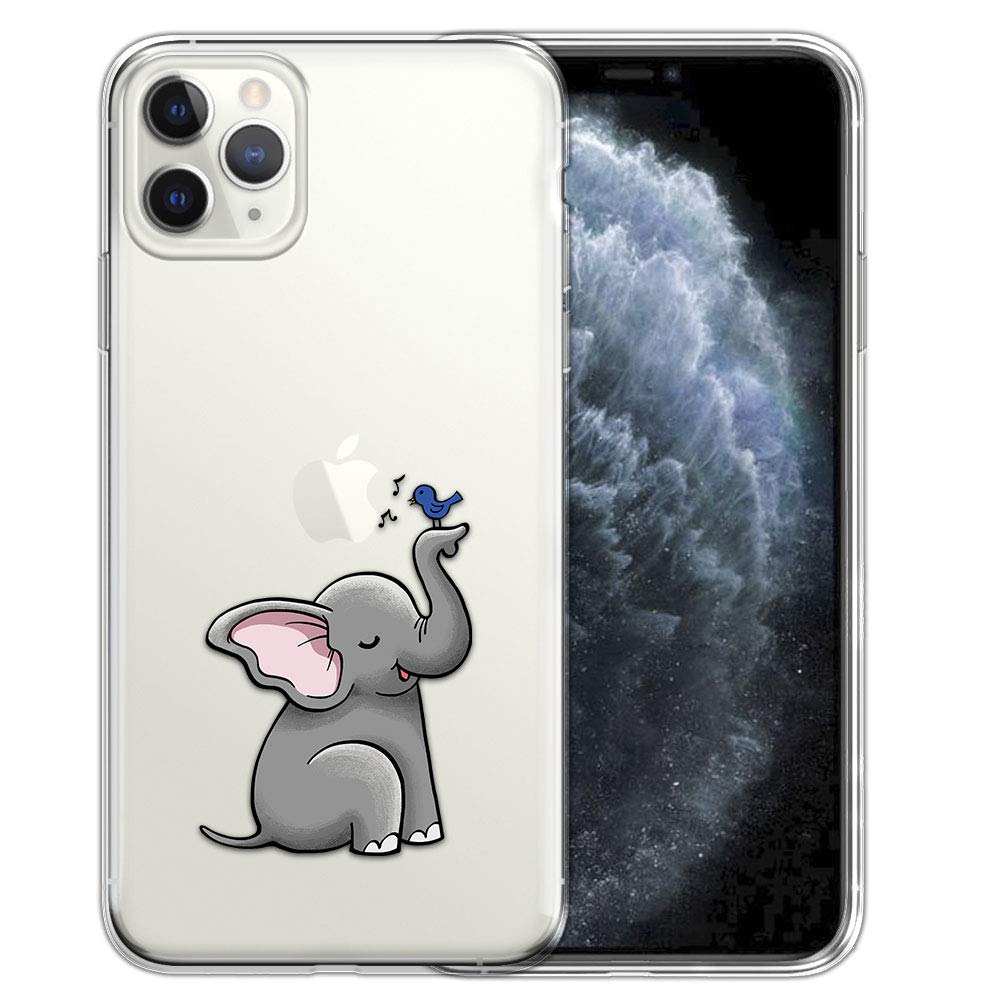 FINCIBO Clear Transparent TPU Silicone Case for Apple iPhone 11 Pro Max 6.5 inch (2019 Model) - Soft Gel Skin Protective Cover (Not Compatible with iPhone 11 Pro) - Elephant Birdy Singing Design | Perfect for Everyday Use, Office & Travel Protection