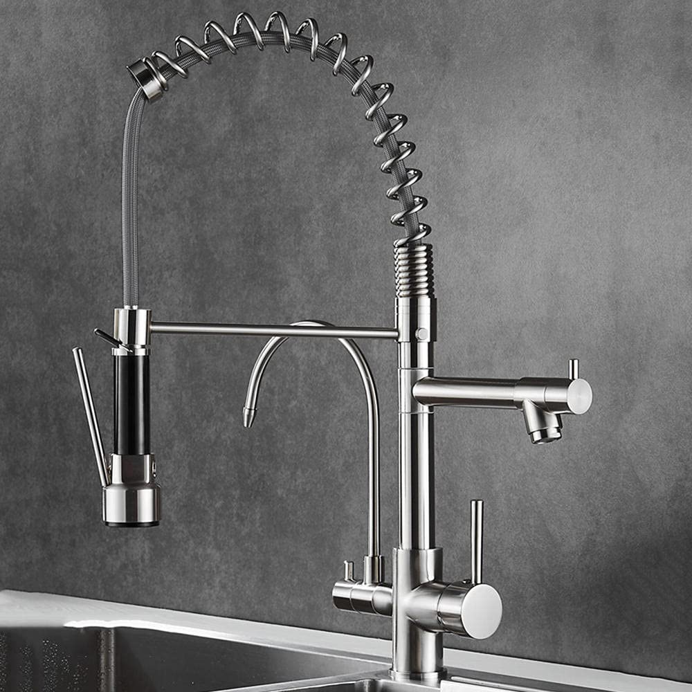 3-Way Kitchen Faucet with Osmosis Filter - Brushed Brass Pull-Down Sprayer for Hot & Cold Drinking Water - Multi-Function Rotating Sink Faucet for Modern Kitchen, Bar, and RV Use