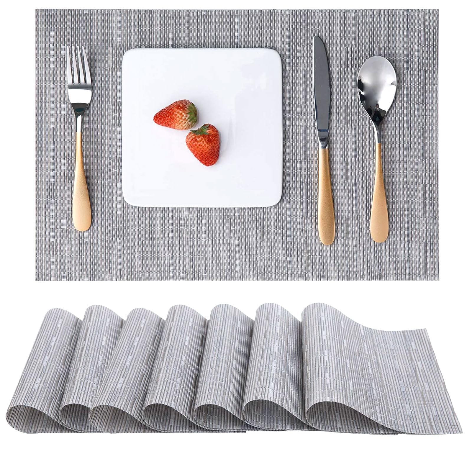 Premium Myir JUN 8-Pack Non-Slip Heatproof Woven Placemats - Washable PVC Table Mats for Dining Room, Kitchen & Office (Silver) | Elegant Table Setting & Home Decor Accessories