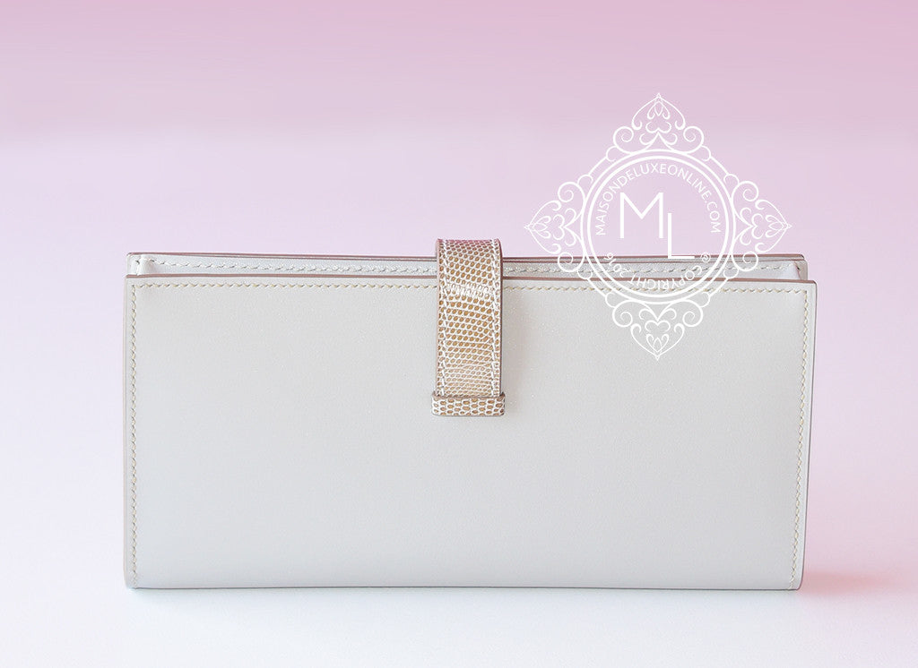 Hermes Gris Perle Ficelle Lizard Gray Bearn Long Wallet - Luxury Leather Wallet for Women, Designer Clutch with Lizard Embossing - Perfect for Everyday Use & Special Occasions