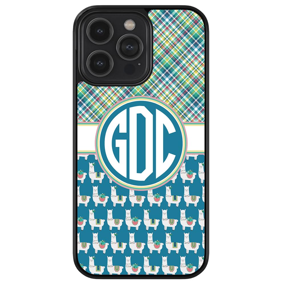 Personalized Monogram Llama Plaid Phone Case - Green Blue White Design - Compatible with Apple iPhone 16/15/14/13/12 Pro Max & Plus, 11/X/8/7 - Durable Black Rubber Protection - Perfect for Travel, Work & Everyday Use
