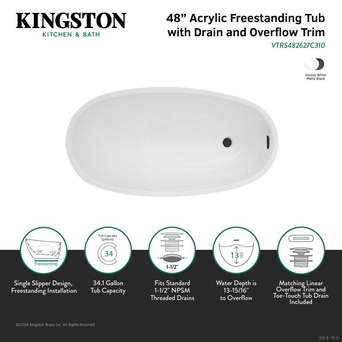 Aqua Eden 48 Inch Acrylic Oval Freestanding Bathtub - Glossy White/Matte Black Slipper Tub with Drain | Modern Soaking Tub for Spa-Like Relaxation in Master Bathroom